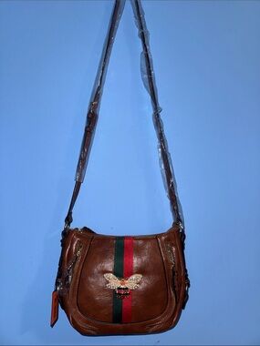 Brown  Crossbody Bag with Green & Red Stripe and Bee Accent